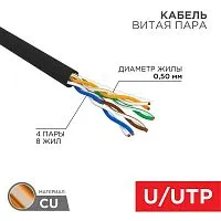 Кабель витая пара U/UTP 4х2х24AWG кат.5E solid CU PE Outdoor черн. (м) Rexant 01-0045