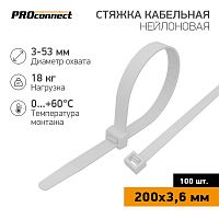 Хомут кабельный 3.6х200 нейл. бел. (уп.100шт) PROCONNECT 57-0200